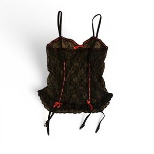 Red Ribbon & Black Lace Corset Lingerie Style Garter Top